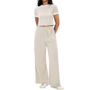 2 Piece Sets Crop Tops Wide Leg Pants Sets Matching Sweatsuit Khaki